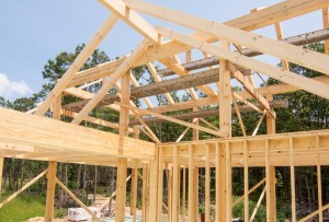 heavy timber rafters from ridge beam in roof system, post and beam home design, under construction, log homes, log cabins, log kits, Timberhaven, laminated, kiln dried