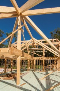 heavy timber rafters and compound cuts, post and beam home design, under construction, log homes, log cabins, log kits, Timberhaven, laminated, kiln dried