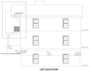 left elevation of post and beam construction, under construction, log homes, log cabins, log cabin kits, Timberhaven, post and beam cabin, post and beam cabin kits, kiln dried, laminated