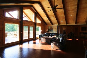 vast wall of glass overlooking rear deck, Timberhaven log home in Ararat, VA, JB Kerns wounded warrier project, honored to support, Timberhaven Log Homes, log home, log cabin, log cabins, log kits, laminated, kiln dried