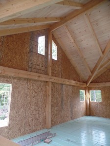 inside of custom post and beam home construction, post and beam homes, post and beam home design, Timberhaven Log Homes, log homes, log home, log cabins, log cabin kits, laminated, kiln dried, under construction, two-story post and beam home