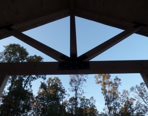 King Post Truss on porch of post and beam home, post and beam porch, under construction, solid wood home, log homes, log cabins, log cabin kit, Pennsylvania home, Timberhaven, laminated, kiln dried