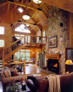 beautiful log home great room with massive fireplace, Timberhaven Log Homes, log home, log cabin kits, log cabins, post and beam homes, custom wood home, design ideas, laminated, kiln dried, under construction