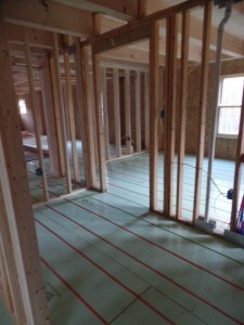 interior walls showing electrical and pluming rough ins, post and beam house, laminated logs, heavy timbers, Timberhaven, log homes, log cabin kits, kiln dried