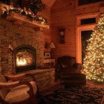 roaring fire in holiday themed log home, timberhaven log homes, log homes, log cabin kits, log cabins, Merry Christmas, stone fireplace