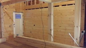 tongue and groove on interior wall of log home, log cabin, log homes, log cabin homes, Timberhaven, under construction, laminated, kiln dried, Pennsylvania manufacturer