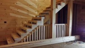 white pine exposed heavy timber stairs, log cabin, log homes, log cabin homes, Timberhaven, under construction, laminated, kiln dried, Pennsylvania manufacturer