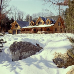 custom log home in snowy wooded setting, cape cod design, humidity levels, Timberhaven Log Homes, log homes, log cabin homes, log cabins, post and beam homes, timberframe homes, timber frame homes, laminated logs, engineered logs, floor plan designs, kiln dried logs