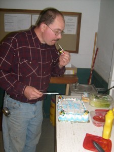 Randy being silly during employee lunch, employee spotlight, Randy Beachel, Timberhaven Log Homes, log homes, log cabin homes, log cabins, post and beam homes, timberframe homes, timber frame homes, laminated logs, engineered logs, floor plan designs, kiln dried logs