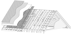 pictorial showing layers of 2x12 rafter roof system with cathedral ceiling, roof being constructed on a log home, beautiful bedroom in log home, Timberhaven Log Homes, log homes, log cabin homes, log cabins, post and beam homes, timberframe homes, timber frame homes, laminated logs, engineered logs, floor plan designs, kiln dried logs, Flury Builders, Joe Walsh, Timberhaven local reps, log homes in Massachusetts, log homes in Rhode Island, MA, RI, log home builders, 2x12 rafter roof system