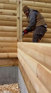 builder using calk gun during log wall construction, solid log breezeway, Log Homes, log homes, log cabin homes, log cabins, post and beam homes, timberframe homes, timber frame homes, laminated logs, engineered logs, floor plan designs, kiln dried logs, Flury Builders, Joe Walsh, Timberhaven local reps, log homes in Massachusetts, log homes in Rhode Island, MA, RI, log home builders, solid log breezeway