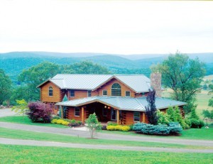 beautiful log home with landscaping in Central PA, log home roof, Timberhaven Log Homes, log homes, log cabin homes, log cabins, post and beam homes, timberframe homes, timber frame homes, laminated logs, engineered logs, floor plan designs, kiln dried logs, Flury Builders, Joe Walsh, Timberhaven local reps, log homes in Massachusetts, log homes in Rhode Island, MA, RI, log home builders