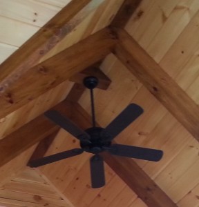 ceiling fan installed on beam in ceiling, electrical wiring in a log home, Timberhaven Log Homes, log homes, log cabin homes, log cabins, post and beam homes, timberframe homes, timber frame homes, laminated logs, engineered logs, floor plan designs, kiln dried logs, Flury Builders, Joe Walsh, Timberhaven local reps, log homes in Massachusetts, log homes in Rhode Island, MA, RI, log home builders