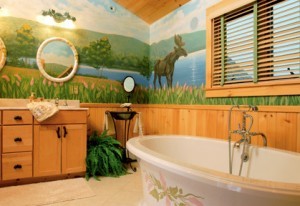 bathroom with claw foot tub and mural on wall, Timberhaven Log Homes, log homes, log cabin homes, log cabins, post and beam homes, timberframe homes, timber frame homes, laminated logs, engineered logs, floor plan designs, kiln dried logs, Timberhaven local reps, log home builders, interior wall coverings, log homes in PA