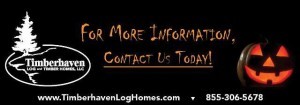 company logo with jack-o-lantern and contact information, Log home kitchens, Timberhaven Log Homes, log homes, log cabin homes, log cabins, post and beam homes, timberframe homes, timber frame homes, laminated logs, engineered logs, floor plan designs, kiln dried logs, Timberhaven local reps, log homes in PA, log home builders