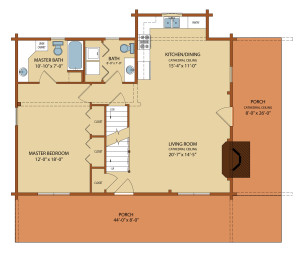 first level floor plan of the Clear Creek, Clear Creek, Log home kitchens, Timberhaven Log Homes, log homes, log cabin homes, log cabins, post and beam homes, timberframe homes, timber frame homes, laminated logs, engineered logs, floor plan designs, kiln dried logs, Timberhaven local reps, log homes in PA, log home builders