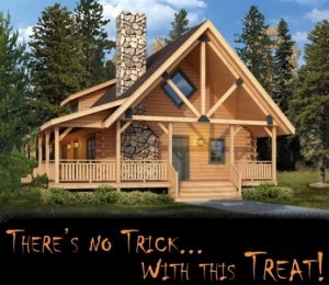 artistic rendering of log home in the woods, Clear Creek, Halloween artwork for Clear Creek promotion, Log home kitchens, Timberhaven Log Homes, log homes, log cabin homes, log cabins, post and beam homes, timberframe homes, timber frame homes, laminated logs, engineered logs, floor plan designs, kiln dried logs, Timberhaven local reps, log homes in PA, log home builders