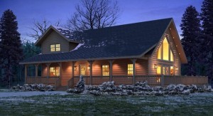 log home in dusk setting with a light covering of snow, January feature home, keystone I, keystone floor plan, keystone design, keystone, Timberhaven Log Homes, log homes, log cabin homes, log cabins, post and beam homes, timberframe homes, timber frame homes, laminated logs, engineered logs, floor plan designs, kiln dried logs, Timberhaven local reps, log homes in PA