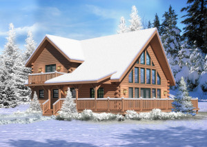 rendering of Aspen Hill I in the snow, Fall in love, Timberhaven Log Homes, Timberhaven Log & Timber Homes, log homes, log cabin homes, log cabins, post and beam homes, timberframe homes, timber frame homes, laminated logs, engineered logs, floor plan designs, kiln dried logs, Timberhaven local reps, log homes in PA