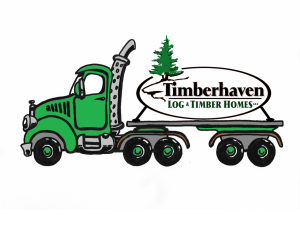 Timberhaven Log Home logo strapped to truck illustration, new location, Timberhaven Log Homes, Timberhaven Log & Timber Homes, log homes, log cabin homes, log cabins, post and beam homes, timberframe homes, timber frame homes, laminated logs, engineered logs, floor plan designs, kiln dried logs, Timberhaven local reps, log homes in Pennsylvania, PA