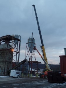 crane hooked up to 20 ft cyclone, We are moving, Timberhaven Log Homes, Timberhaven Log & Timber Homes, log homes, log cabin homes, log cabins, post and beam homes, timberframe homes, timber frame homes, laminated logs, engineered logs, floor plan designs, kiln dried logs, Timberhaven local reps, log homes in Pennsylvania, PA