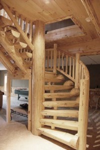 spiral stair system in log home, wooden stair system, Log stair system, log homes, log cabin homes, log cabins, post and beam homes, timberframe homes, timber frame homes, laminated logs, engineered logs, floor plan designs, kiln dried logs, Timberhaven local reps, log homes in Pennsylvania, log homes in PA, Timberhaven Log Homes, Timberhaven Log & Timber Homes