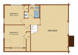 rendering of Clear Creek second level floor plan, Clear creek log package, log homes, log cabin homes, log cabins, post and beam homes, timberframe homes, timber frame homes, laminated logs, engineered logs, floor plan designs, kiln dried logs, Timberhaven local reps, log homes in Pennsylvania, log homes in PA, Timberhaven Log Homes, Timberhaven Log & Timber Homes