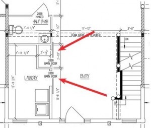 barn doors drawn on a floor plan, Barn doors add distinct style, log homes, log cabin homes, log cabins, post and beam homes, timberframe homes, timber frame homes, laminated logs, engineered logs, floor plan designs, kiln dried logs, Timberhaven local reps, log homes in Pennsylvania, log homes in PA, Timberhaven Log Homes, Timberhaven Log & Timber Homes