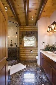 stunning bathroom with marble floor, walk-in showers, log homes, log cabin homes, log cabins, post and beam homes, timberframe homes, timber frame homes, laminated logs, engineered logs, floor plan designs, kiln dried logs, Timberhaven local reps, log homes in Pennsylvania, log homes in PA, Timberhaven Log Homes, Timberhaven Log & Timber Homes