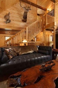 living room with cathedral ceiling and buck on wall, cabin living, log homes, log cabin homes, log cabins, post and beam homes, timberframe homes, timber frame homes, laminated logs, engineered logs, floor plan designs, kiln dried logs, Timberhaven local reps, log homes in Pennsylvania, log homes in PA, Timberhaven Log Homes, Timberhaven Log & Timber Homes