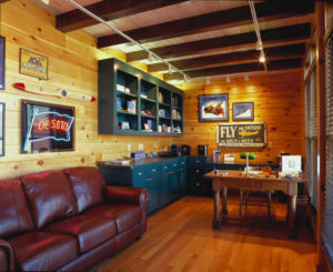 log home office with sofa, custom features, log home living, log homes, office, work from home, Timberhaven