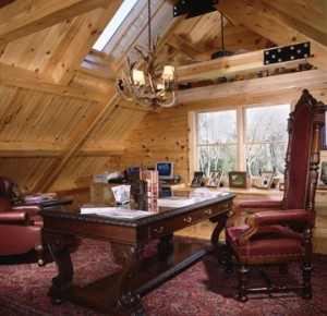 big desk and captain chair in log home office, Home office, log homes, log cabin homes, log cabins, post and beam homes, timberframe homes, timber frame homes, laminated logs, engineered logs, floor plan designs, kiln dried logs, log homes in Pennsylvania, log homes in PA, Timberhaven Log Homes, Timberhaven Log & Timber Homes