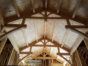 timber frame truss in home, differences, log vs. timber frame homes, different home design options, log homes, log cabin homes, log cabins, post and beam homes, timberframe homes, timber frame homes, laminated logs, engineered logs, floor plan designs, kiln dried logs, log homes in PA, Timberhaven Log Homes, Timberhaven Log & Timber Homes