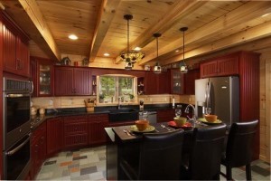 red kitchen cabinetry and tile floor, log home living, log homes, log cabin homes, log cabins, post and beam homes, timberframe homes, timber frame homes, laminated logs, engineered logs, floor plan designs, kiln dried logs, Timberhaven local reps, log homes in Pennsylvania, log homes in PA, Timberhaven Log Homes, Timberhaven Log & Timber Homes