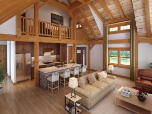 living area of timber frame home, timber frame rendering, timber frame design, craftsman timber frame, Timberhaven, hybrid home, timber homes, engineered framework, handcrafted homes