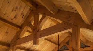 Timber Frame Truss with Pegs, timber frame truss assembly, tongue & groove ceiling, incorporating wood materials