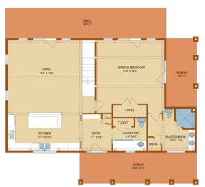 floor plan for cottage style home, cottage style timber home, hybrid cottage, hybrid home, timber accent, timber frame home, Timberhaven, engineered timbers, most complete package, fall feature home