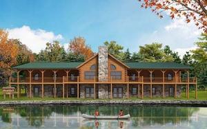 Rendering of waterfront Boy Scout camp, memorial lodge, log lodge, massive lodge, commercial projects, Timberhaven, engineered logs, waterfront lodge
