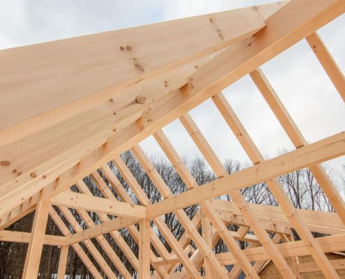 Timber frame roof under construction