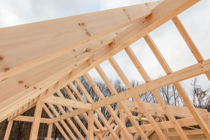 Timber frame roof under construction