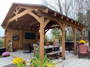 timber frame pavilion with patio furniture, outdoor living spaces, timber frame pavilion, timber frame, pavilion kit, outdoor living structures