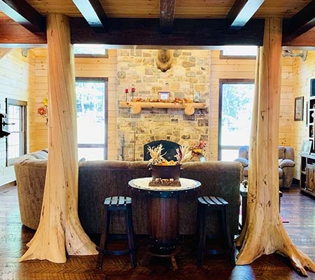 Character trees in log home entryway.