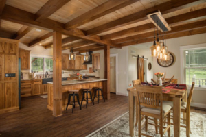 Timber Frame Kitchen and Dining, timber frame home, timber frame living area, timber accents, timberhaven