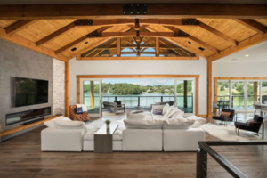 great room with wood ceiling, timbers, timber accents, timberhaven, modern touch of timber