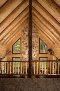 rafters in ceiling with view from loft, custom log home, Timberhaven, engineered logs, log homes in PA, kiln dried, custom home package