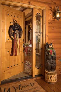 front door propped open, custom log home, Timberhaven, engineered logs, log homes in PA, kiln dried, custom home package