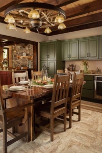 dining room table and cabinets, log home with stone in the woods, custom log home, Timberhaven, engineered logs, log homes in PA, kiln dried, custom home package