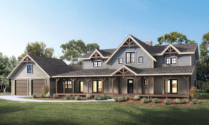 rendeirng of two story home with timbers, Loganton Timber Frame Design, Hybrid Home Design, Timber Accents, Timberhaven