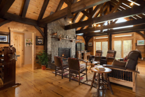 living room of timber frame home, timber frame home, timber home, timber living, timber home living, timberhaven, saratoga