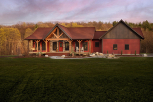 timber frame home with red siding, timber frame home, timber home living, timberhaven, timber frame, saratoga